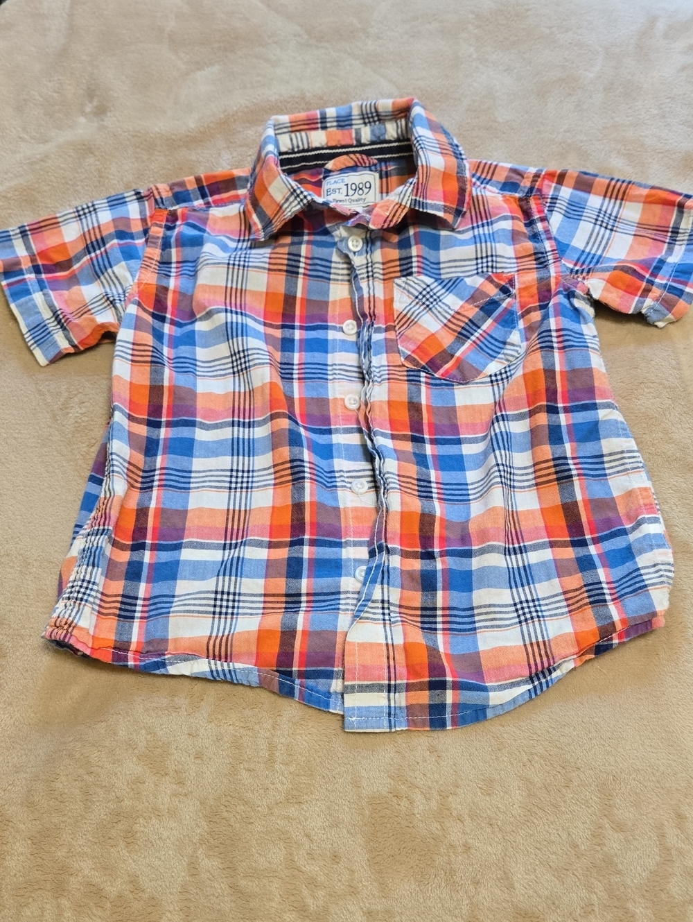 Place Boys Orange Blue White Plaid Button-Down Shirt
